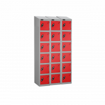 Nest of 3 Metal Storage Lockers | 6 Doors | 1780 x 305 x 305mm | Silver Carcass | Red Door | Hasp & Staple Lock | Sloping Top | Probe