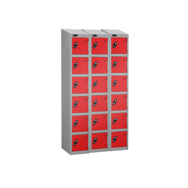 Nest of 3 Metal Storage Lockers | 6 Doors | 1780 x 305 x 305mm | Silver Carcass | Red Door | Hasp & Staple Lock | Sloping Top | Probe