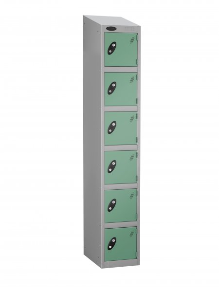 Single Metal Storage Locker | 6 Doors | 1780 x 305 x 380mm | Silver Carcass | Jade Door | Hasp & Staple Lock | Sloping Top | Probe