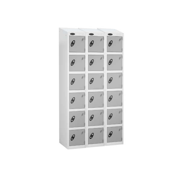 Nest of 3 Metal Storage Lockers | 6 Doors | 1780 x 305 x 380mm | White Carcass | Silver Door | Hasp & Staple Lock | Sloping Top | Probe