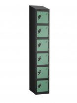 Single Metal Storage Locker | 6 Doors | 1780 x 305 x 460mm | Black Carcass | Jade Door | Hasp & Staple Lock | Sloping Top | Probe