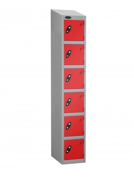 Single Metal Storage Locker | 6 Doors | 1780 x 305 x 460mm | Silver Carcass | Red Door | Hasp & Staple Lock | Sloping Top | Probe