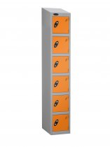 Single Metal Storage Locker | 6 Doors | 1780 x 305 x 460mm | Silver Carcass | Orange Door | Hasp & Staple Lock | Sloping Top | Probe