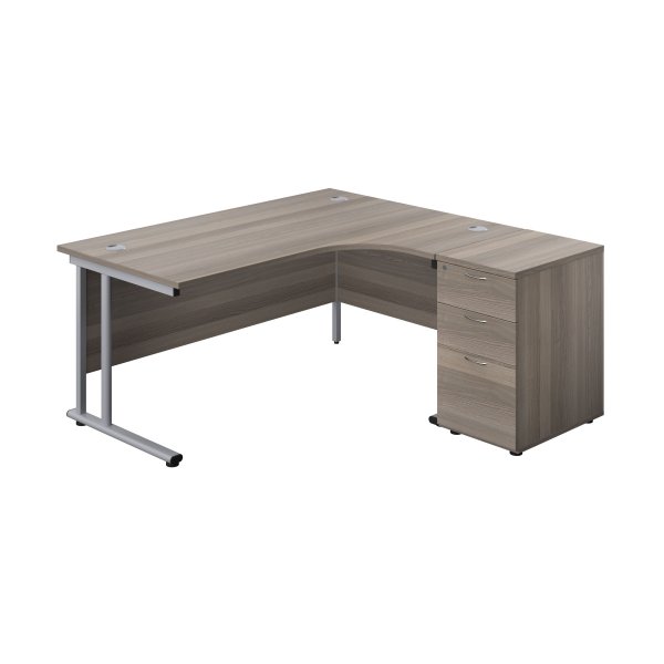 Everyday Radial Desk & Pedestal Bundle | Right Hand | Desk 1600mm Wide | Grey Oak Top | Silver Frame