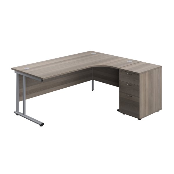 Everyday Radial Desk & Pedestal Bundle | Right Hand | Desk 1800mm Wide | Grey Oak Top | Silver Frame