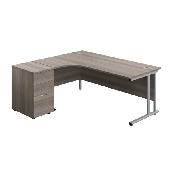 Everyday Radial Desk & Pedestal Bundle | Left Hand | Desk 1800mm Wide | Grey Oak Top | Silver Frame