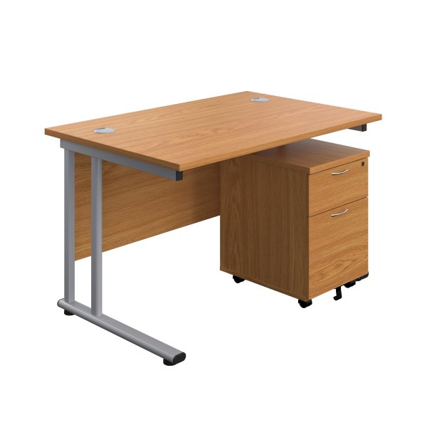 Everyday Straight Desk & Pedestal Bundle | Desk 1200w x 800d mm | 2 Drawer Mobile Pedestal | Nova Oak Top | Silver Frame
