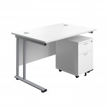 Everyday Straight Desk & Pedestal Bundle | Desk 1200w x 800d mm | 2 Drawer Mobile Pedestal | White Top | Silver Frame