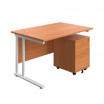 Everyday Straight Desk & Pedestal Bundle | Desk 1200w x 800d mm | 2 Drawer Mobile Pedestal | Beech Top | White Frame