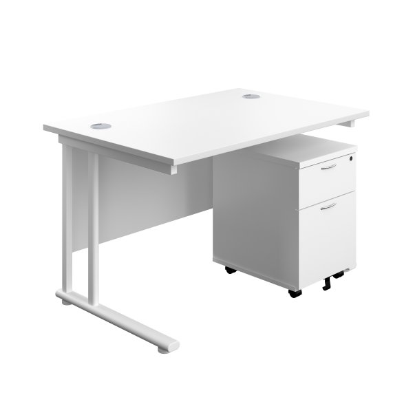 Everyday Straight Desk & Pedestal Bundle | Desk 1200w x 800d mm | 2 Drawer Mobile Pedestal | White Top | White Frame