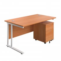 Everyday Straight Desk & Pedestal Bundle | Desk 1400w x 800d mm | 2 Drawer Mobile Pedestal | Beech Top | White Frame