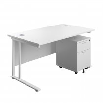 Everyday Straight Desk & Pedestal Bundle | Desk 1400w x 800d mm | 2 Drawer Mobile Pedestal | White Top | White Frame