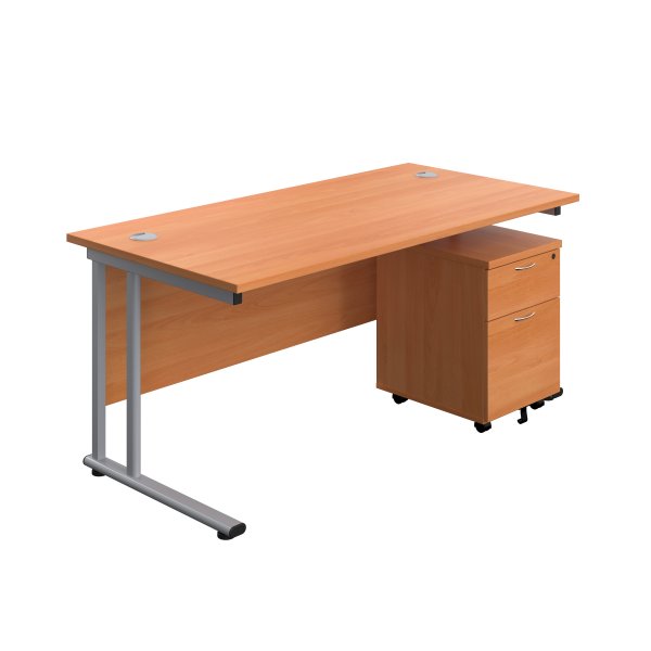 Everyday Straight Desk & Pedestal Bundle | Desk 1600w x 800d mm | 2 Drawer Mobile Pedestal | Beech Top | Silver Frame