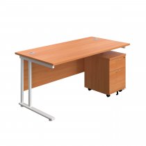 Everyday Straight Desk & Pedestal Bundle | Desk 1600w x 800d mm | 2 Drawer Mobile Pedestal | Beech Top | White Frame