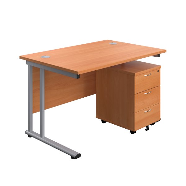 Everyday Straight Desk & Pedestal Bundle | Desk 1200w x 800d mm | 3 Drawer Mobile Pedestal | Beech Top | Silver Frame