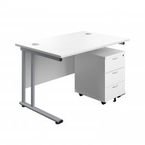 Everyday Straight Desk & Pedestal Bundle | Desk 1200w x 800d mm | 3 Drawer Mobile Pedestal | White Top | Silver Frame