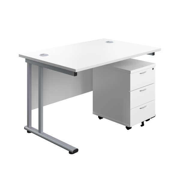 Everyday Straight Desk & Pedestal Bundle | Desk 1200w x 800d mm | 3 Drawer Mobile Pedestal | White Top | Silver Frame