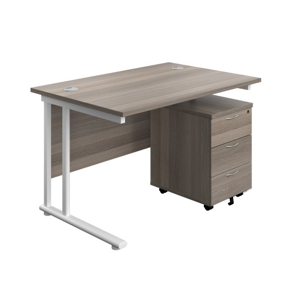 Everyday Straight Desk & Pedestal Bundle | Desk 1200w x 800d mm | 3 Drawer Mobile Pedestal | Grey Oak Top | White Frame