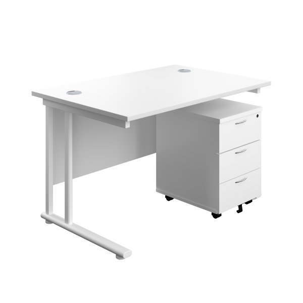 Everyday Straight Desk & Pedestal Bundle | Desk 1200w x 800d mm | 3 Drawer Mobile Pedestal | White Top | White Frame