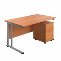 Everyday Straight Desk & Pedestal Bundle | Desk 1400w x 800d mm | 3 Drawer Mobile Pedestal | Beech Top | Silver Frame