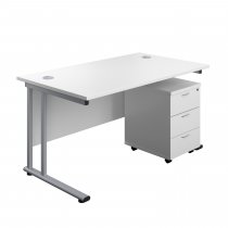 Everyday Straight Desk & Pedestal Bundle | Desk 1400w x 800d mm | 3 Drawer Mobile Pedestal | White Top | Silver Frame