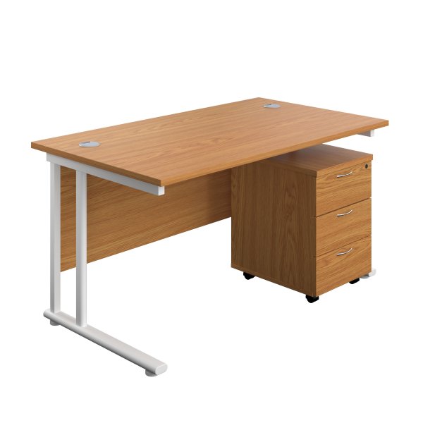 Everyday Straight Desk & Pedestal Bundle | Desk 1400w x 800d mm | 3 Drawer Mobile Pedestal | Nova Oak Top | White Frame