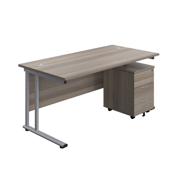 Everyday Straight Desk & Pedestal Bundle | Desk 1600w x 800d mm | 3 Drawer Mobile Pedestal | Grey Oak Top | Silver Frame