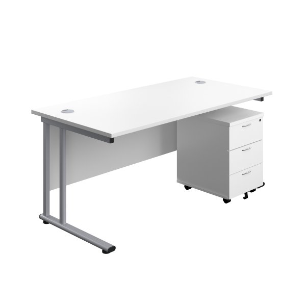 Everyday Straight Desk & Pedestal Bundle | Desk 1600w x 800d mm | 3 Drawer Mobile Pedestal | White Top | Silver Frame