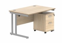 Straight Cantilever Desk & Pedestal Bundle | Desk 1200w x 800d | 2 Drawer Mobile Pedestal | Canadian Oak | Silver | Everyday VALUE