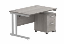 Straight Cantilever Desk & Pedestal Bundle | Desk 1200w x 800d | 2 Drawer Mobile Pedestal | Alaskan Grey Oak | Silver | Everyday VALUE