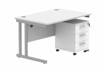 Straight Cantilever Desk & Pedestal Bundle | Desk 1200w x 800d | 2 Drawer Mobile Pedestal | Arctic White | Silver | Everyday VALUE