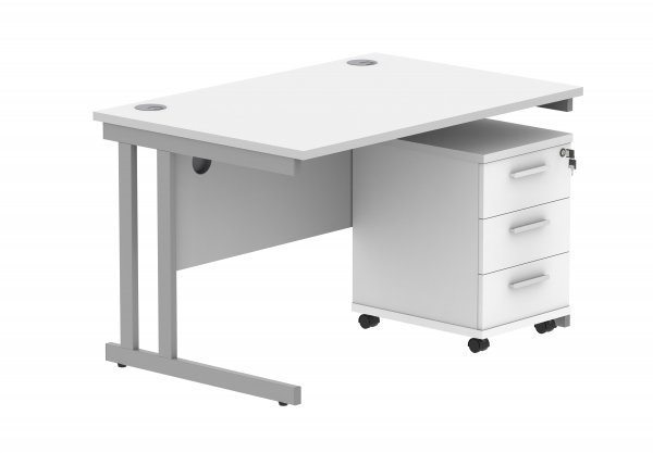 Straight Cantilever Desk & Pedestal Bundle | Desk 1200w x 800d | 2 Drawer Mobile Pedestal | Arctic White | Silver | Everyday VALUE