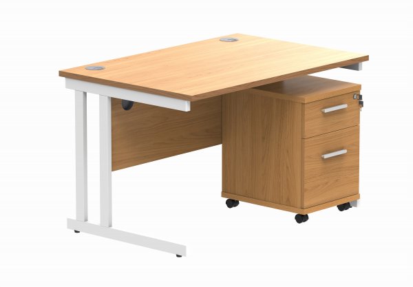 Straight Cantilever Desk & Pedestal Bundle | Desk 1200w x 800d | 2 Drawer Mobile Pedestal | Norweigan Beech | White | Everyday VALUE