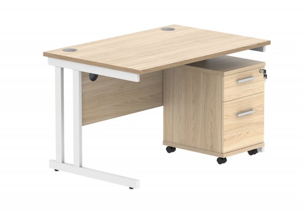 Straight Cantilever Desk & Pedestal Bundle | Desk 1200w x 800d | 2 Drawer Mobile Pedestal | Canadian Oak | White | Everyday VALUE