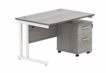 Straight Cantilever Desk & Pedestal Bundle | Desk 1200w x 800d | 2 Drawer Mobile Pedestal | Alaskan Grey Oak | White | Everyday VALUE