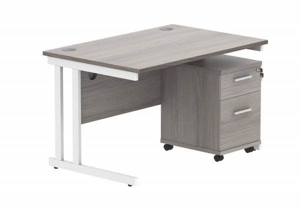 Straight Cantilever Desk & Pedestal Bundle | Desk 1200w x 800d | 2 Drawer Mobile Pedestal | Alaskan Grey Oak | White | Everyday VALUE