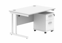 Straight Cantilever Desk & Pedestal Bundle | Desk 1200w x 800d | 2 Drawer Mobile Pedestal | Arctic White | White | Everyday VALUE