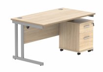 Straight Cantilever Desk & Pedestal Bundle | Desk 1400w x 800d | 2 Drawer Mobile Pedestal | Canadian Oak | Silver | Everyday VALUE