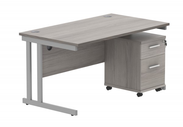 Straight Cantilever Desk & Pedestal Bundle | Desk 1400w x 800d | 2 Drawer Mobile Pedestal | Alaskan Grey Oak | Silver | Everyday VALUE