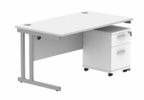 Straight Cantilever Desk & Pedestal Bundle | Desk 1400w x 800d | 2 Drawer Mobile Pedestal | Arctic White | Silver | Everyday VALUE