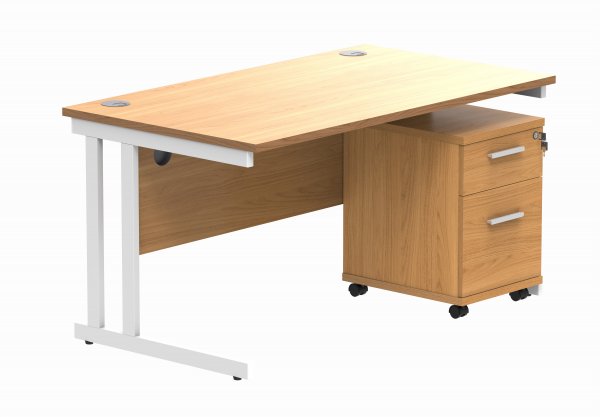 Straight Cantilever Desk & Pedestal Bundle | Desk 1400w x 800d | 2 Drawer Mobile Pedestal | Norweigan Beech | White | Everyday VALUE