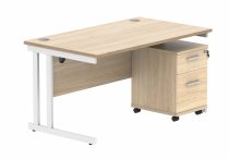 Straight Cantilever Desk & Pedestal Bundle | Desk 1400w x 800d | 2 Drawer Mobile Pedestal | Canadian Oak | White | Everyday VALUE