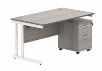 Straight Cantilever Desk & Pedestal Bundle | Desk 1400w x 800d | 2 Drawer Mobile Pedestal | Alaskan Grey Oak | White | Everyday VALUE