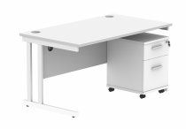 Straight Cantilever Desk & Pedestal Bundle | Desk 1400w x 800d | 2 Drawer Mobile Pedestal | Arctic White | White | Everyday VALUE