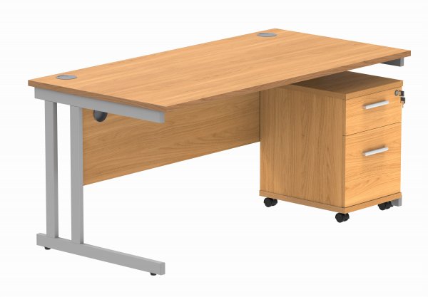 Straight Cantilever Desk & Pedestal Bundle | Desk 1600w x 800d | 2 Drawer Mobile Pedestal | Norweigan Beech | Silver | Everyday VALUE