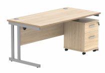 Straight Cantilever Desk & Pedestal Bundle | Desk 1600w x 800d | 2 Drawer Mobile Pedestal | Canadian Oak | Silver | Everyday VALUE