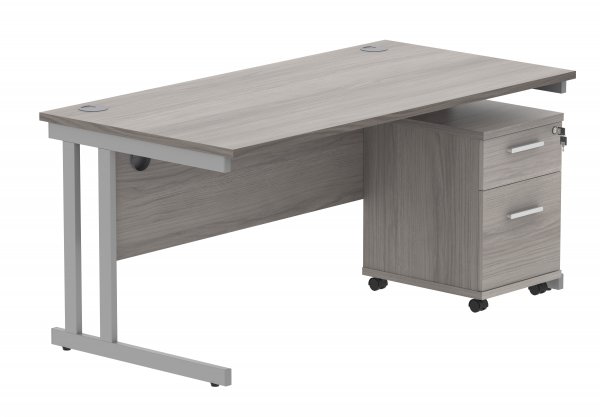 Straight Cantilever Desk & Pedestal Bundle | Desk 1600w x 800d | 2 Drawer Mobile Pedestal | Alaskan Grey Oak | Silver | Everyday VALUE