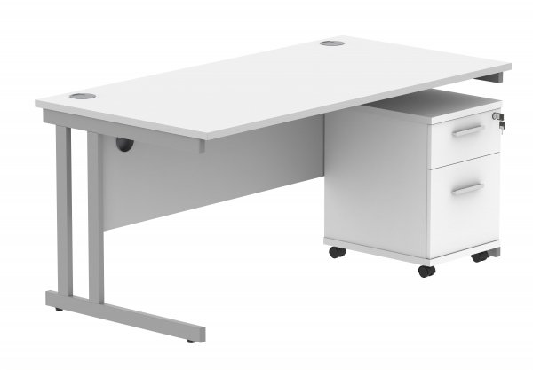 Straight Cantilever Desk & Pedestal Bundle | Desk 1600w x 800d | 2 Drawer Mobile Pedestal | Arctic White | Silver | Everyday VALUE