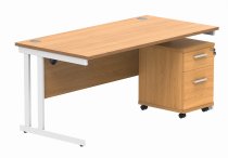 Straight Cantilever Desk & Pedestal Bundle | Desk 1600w x 800d | 2 Drawer Mobile Pedestal | Norweigan Beech | White | Everyday VALUE