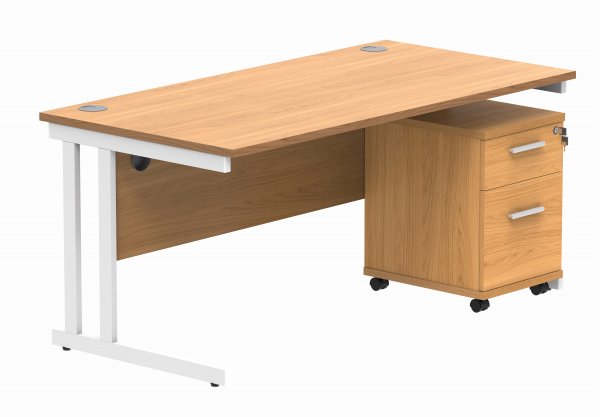 Straight Cantilever Desk & Pedestal Bundle | Desk 1600w x 800d | 2 Drawer Mobile Pedestal | Norweigan Beech | White | Everyday VALUE